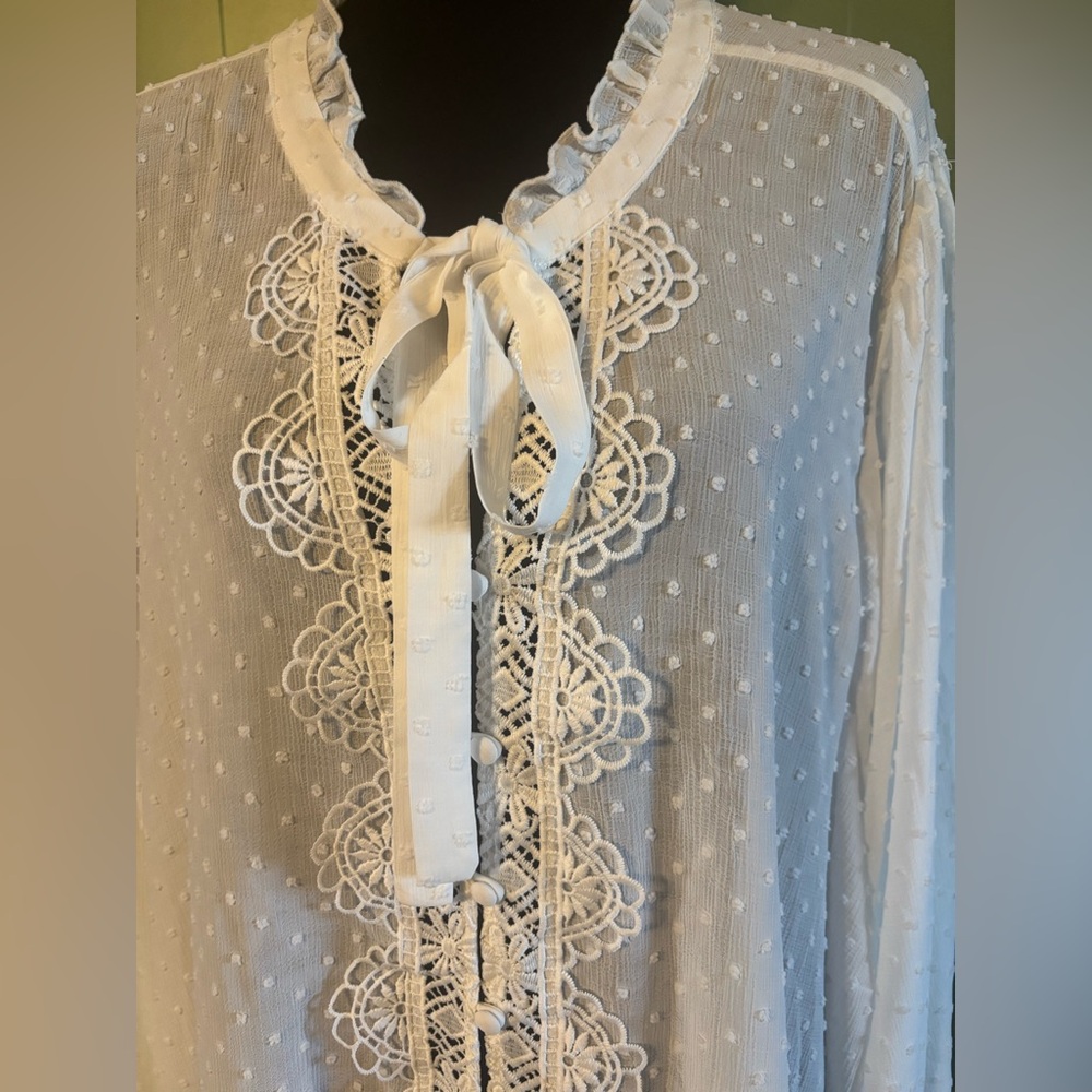 NWT Torrid White Chiffon Clip Dot Lace Ruffle Tie Front Blouse Size 6X - Picture 2 of 7